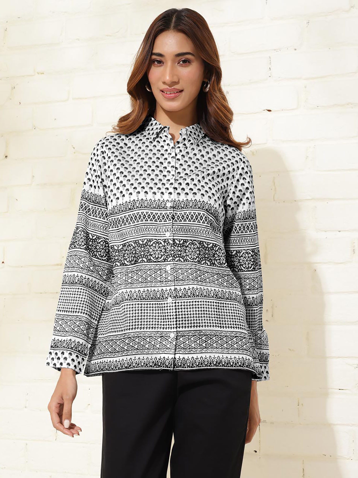 Buy Fabindia White Cotton Silk Printed Shirt Online