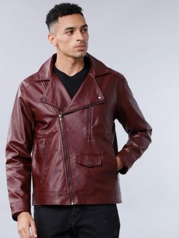 HIGHLANDER - Men Burgundy Solid Biker Jacket