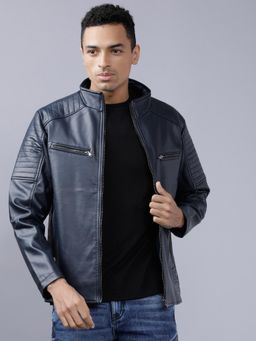 HIGHLANDER - Men Navy Blue Solid Biker Jacket