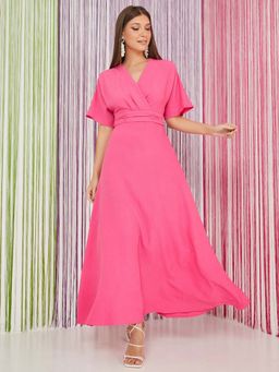 Styli - Pink Short Sleeves Wrap Front Textured A-line Maxi Dress