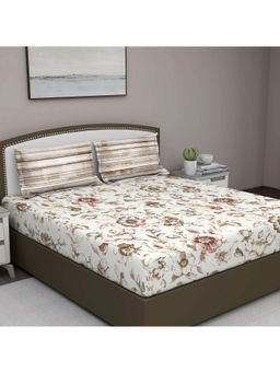GM - Beige Floral 180 Tc Cotton Queen Bedsheet With 2 Pillow Covers