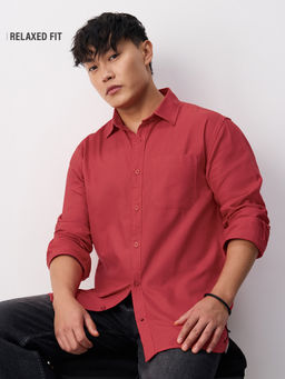 The Souled Store - Oxford Shirt: Fiery Red Men Solid Shirts