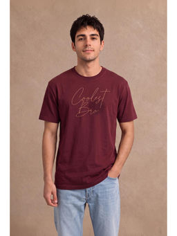 Peter England - Men's Maroon Print Round Crew Neck T-Shirt