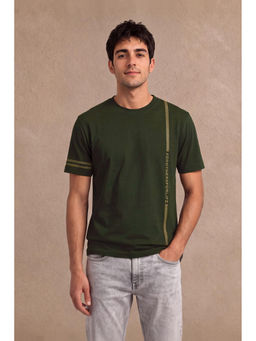 Peter England - Men's Green Print Round Crew Neck T-Shirt