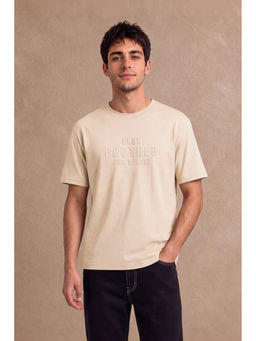 Peter England - Men's Beige Print Round Crew Neck T-Shirt
