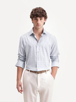 Rare Rabbit - Men'S Avron Blue Polyester Blend Button Regular Fit Checked Shirt