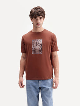 Rare Rabbit - Men'S Bryn Primary Rust Cotton Blend Crew Neck Regular Graphic Print T-Shirt