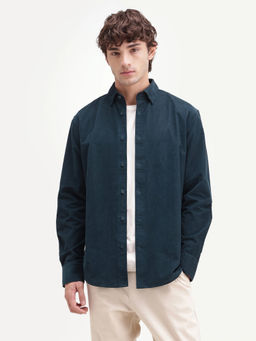 Rare Rabbit - Men'S Buita-Aw26 Teal Cotton Spread Collar Regular Fit Plain Shirt