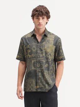 Rare Rabbit - Men'S Carpo Green Cotton Blend Spread Collar Relaxed Abstract Print Shirt