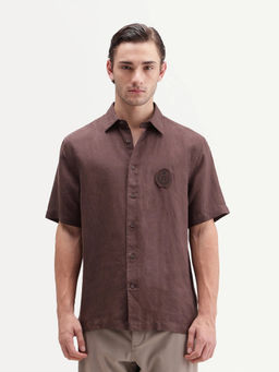 Rare Rabbit - Men'S Cine Ss-26 Brown Cotton Blend Button Regular Fit Shirt