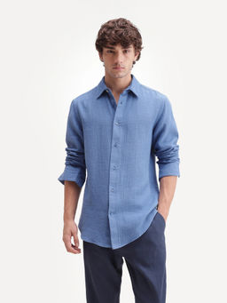 Rare Rabbit - Men'S Cira Primary Blue Cotton Blend Spread Collar Regular Plain Shirt