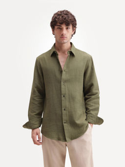 Rare Rabbit - Men'S Cira Dark Green Cotton Blend Spread Collar Regular Plain Shirt