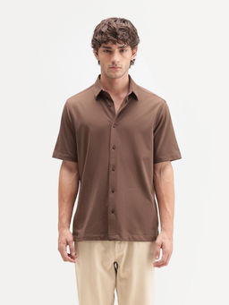 Rare Rabbit - Men'S Darvin Brown Polyester Blend Spread Collar Regular Fit Plain Shirt