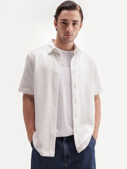 Rare Rabbit - Men'S Davin-S White Cotton Blend Spread Collar Regular Fit Textured Shirt