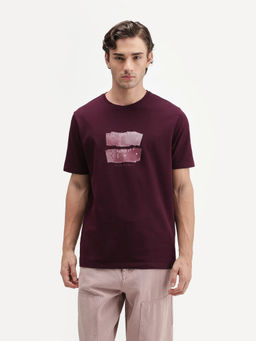 Rare Rabbit - Men'S Draker Dark Red Cotton Blend Crew Neck Regular Graphic Print T-Shirt