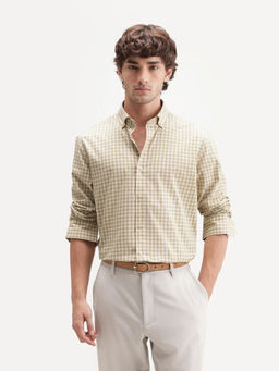 Rare Rabbit - Men'S Drak Dark Beige Spread Collar Button Regular Checked Shirt