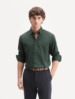 Rare Rabbit - Men'S Drak Dark Green Spread Collar Button Regular Checked Shirt