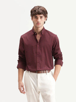 Rare Rabbit - Men'S Drak Dark Red Spread Collar Button Regular Checked Shirt