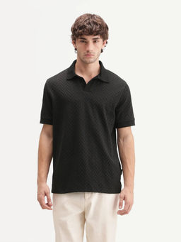 Rare Rabbit - Men'S Drows Black Johnny Collar Regular Jacquard Polo T-Shirt
