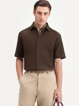 Rare Rabbit - Men'S Ester Dark Brown Cotton Button Relaxed Fit Jacquard Shirt