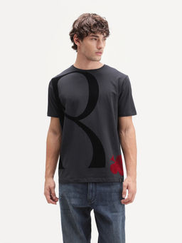 Rare Rabbit - Men'S Farell Dark Grey Cotton Blend Crew Neck Regular Graphic Print T-Shirt