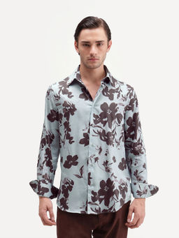 Rare Rabbit - Men'S Flora Pastel Blue Cotton Spread Collar Regular Floral Print Shirt