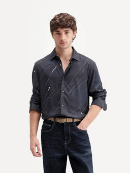 Rare Rabbit - Men'S Goky Dark Navy Viscose Regular Abstract Print Shirt
