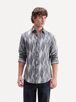 Rare Rabbit - Men'S Ivox Dark Grey Cotton Spread Collar Regular Geometric Jacquard Shirt