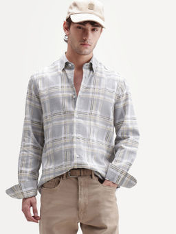 Rare Rabbit - Men'S Julon Light Grey Cotton Blend Spread Collar Regular Checked Shirt