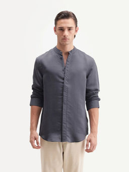 Rare Rabbit - Men's Kent C Primary Grey Viscose Blend Mandarin Plain Shirt