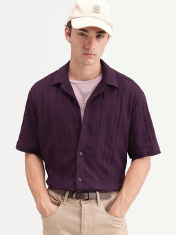 Rare Rabbit - Men's Kram Dark Purple Cotton Button Relaxed Fit Jacquard Shirt
