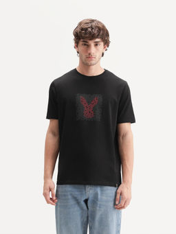 Rare Rabbit - Men's Leton Black Cotton Blend Crew Neck Regular Graphic Print T-Shirt