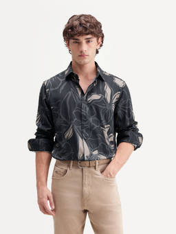 Rare Rabbit - Men's Lind Black Cotton Blend Button Regular Fit Floral Print Shirt