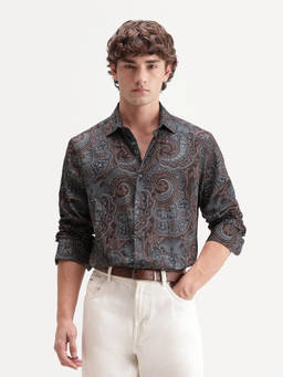 Rare Rabbit - Men's Lome-2 Dark Brown Cotton Blend Paisley Print Shirt