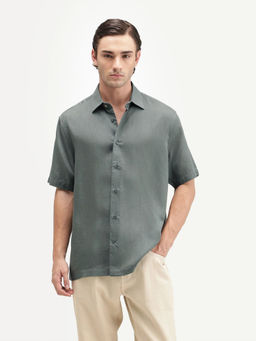 Rare Rabbit - Men's Lyco Ss Dusky Olive Lyocell Button Regular Fit Plain Shirt