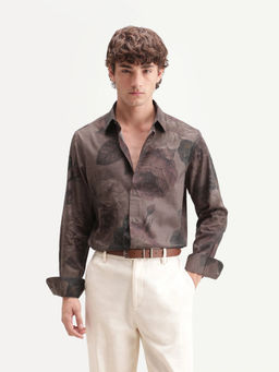 Rare Rabbit - Men's Mace Light Brown Cotton Blend Spread Collar Regular Floral Print Shirt