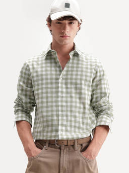 Rare Rabbit - Men's Mard Primary Green Cotton Spread Collar Button Regular Checked Shirt