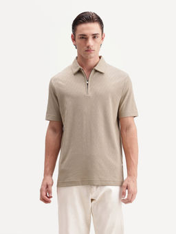 Rare Rabbit - Men's Nori Primary Beige Cotton Spread Collar Regular Jacquard Polo T-Shirt