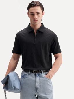 Rare Rabbit - Men's Nori Primary Black Cotton Spread Collar Regular Jacquard Polo T-Shirt