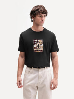 Rare Rabbit - Men's Ollie Black Cotton Blend Crew Neck Regular Graphic Print T-Shirt