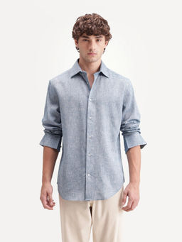 Rare Rabbit - Men's Olvt Dark Blue Linen Blend Button Regular Fit Plain Shirt