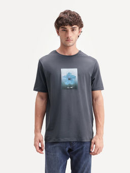 Rare Rabbit - Men's Owen Dark Grey Cotton Blend Crew Neck Regular Graphic Print T-Shirt