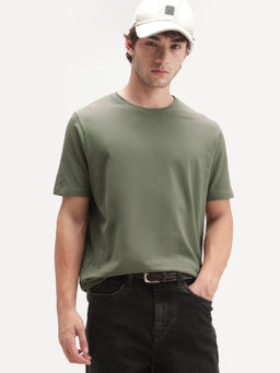 Rare Rabbit - Men's Peeq Dusky Green Cotton Blend Crew Neck Regular Plain T-Shirt