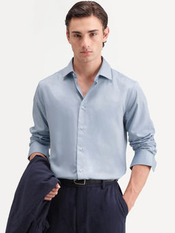 Rare Rabbit - Men's Pine Primary Blue Bomboo Blend Spread Collar Button Regular Plain Shirt