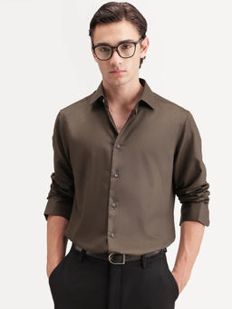 Rare Rabbit - Men's Pine Dusky Olive Bomboo Blend Spread Collar Button Regular Plain Shirt