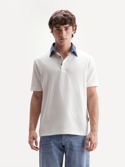 Rare Rabbit - Men's Plano White Polyester Blend Spread Collar Regular Plain Polo T-Shirt