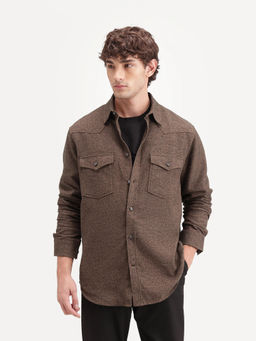 Rare Rabbit - Men's Plum Brown Cotton Spread Collar Regular Plain Shirt