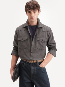 Rare Rabbit - Men's Plum Green Cotton Spread Collar Regular Plain Shirt