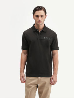 Rare Rabbit - Men's Remo-A26 Black Cotton Blend Spread Collar Regular Plain Polo T-Shirt