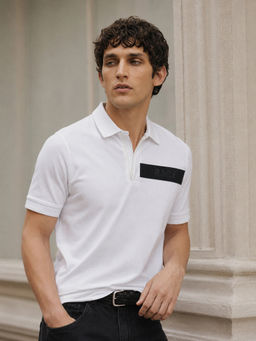 Rare Rabbit - Men's Remo-A26 White Cotton Blend Spread Collar Regular Plain Polo T-Shirt